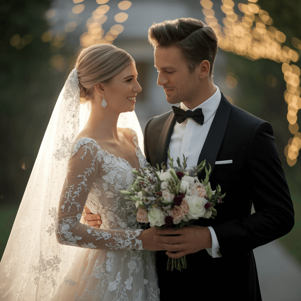 Outdoor Couple Portrait Couple in wedding attire standing together outdoors while one holds a bouquet.