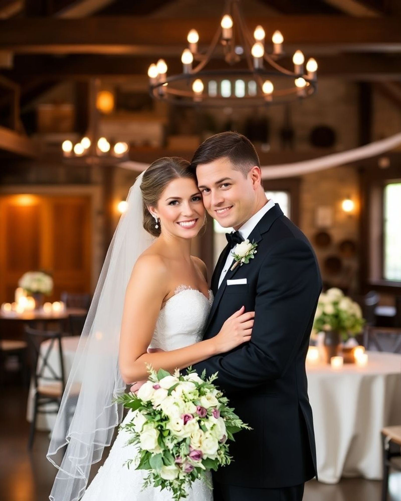 Couple in wedding attire posing inside a warmly lit reception hall.