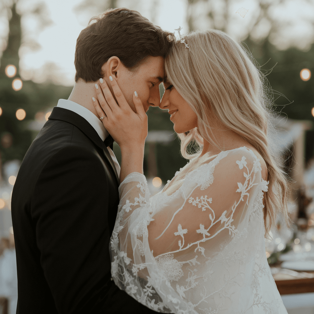 Tender Outdoor Portrait Close-up of a couple in wedding attire touching foreheads outdoors.