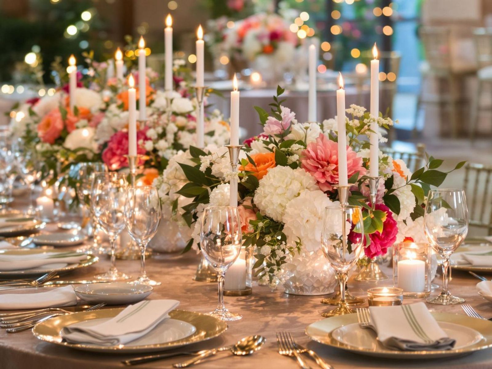 Formal banquet table covered with flowers, taper candles, glassware, and gold flatware.