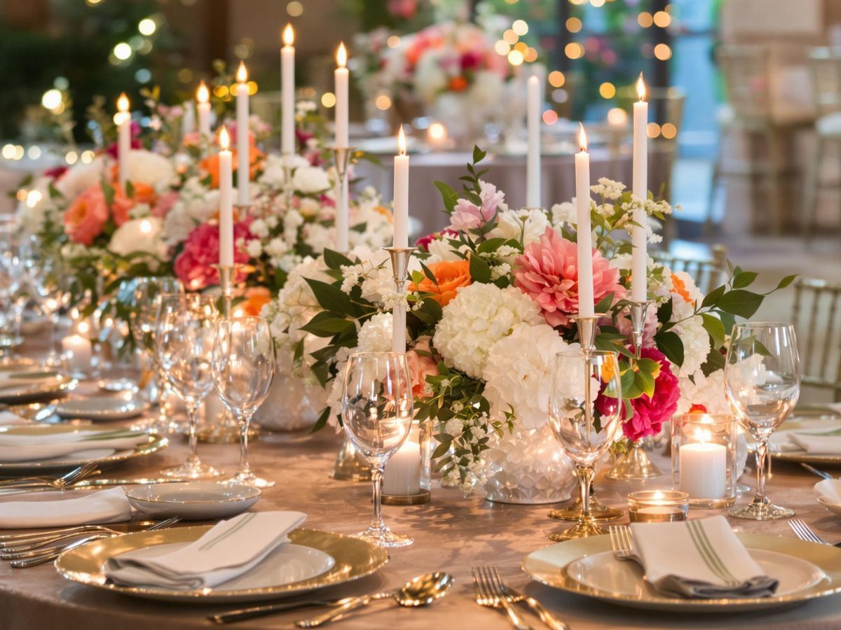 Floral Candle Table Formal banquet table covered with flowers, taper candles, glassware, and gold flatware.