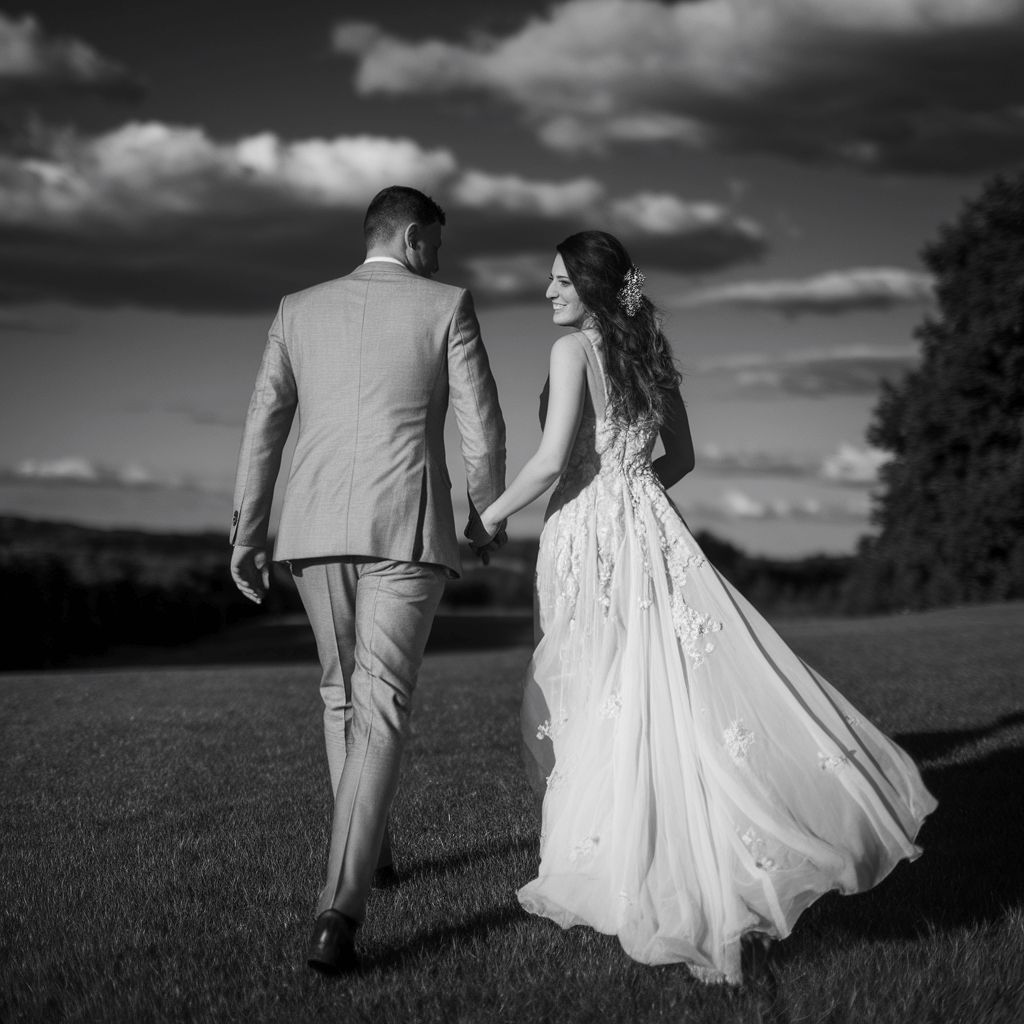 Field Walk Black-and-white image of a couple in wedding attire walking through an open field.