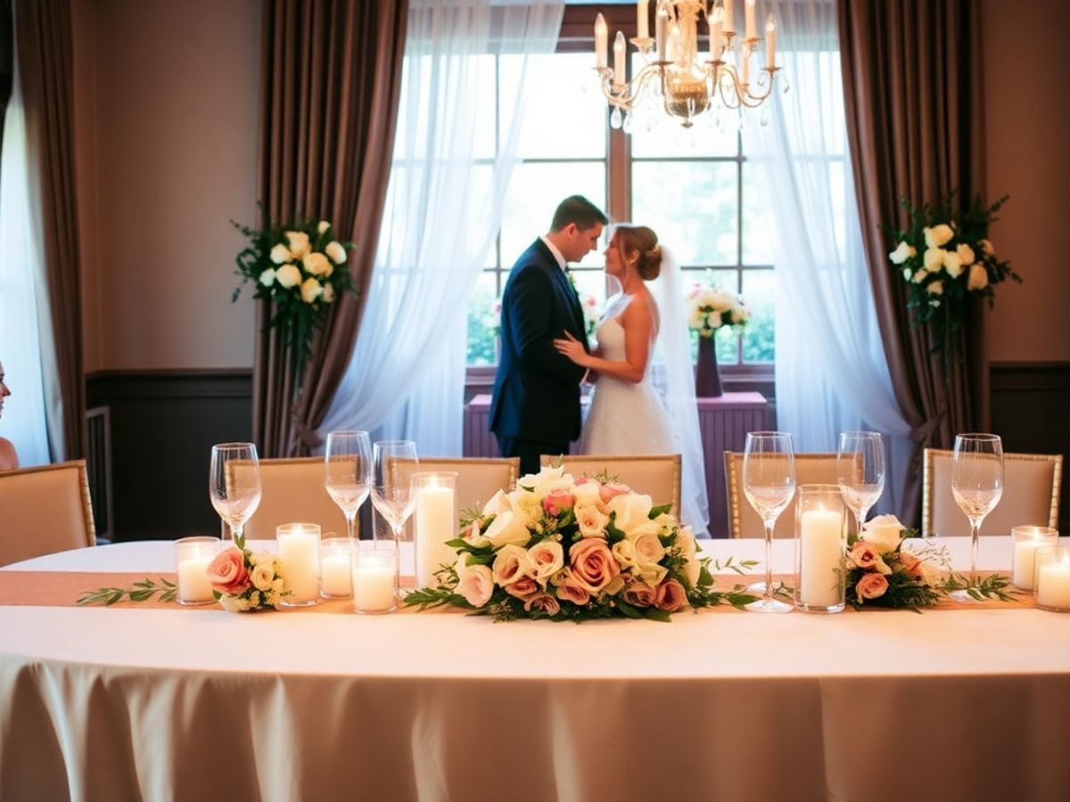 Reception Table Portrait Couple in wedding attire embracing behind a flower-covered table in a reception room.