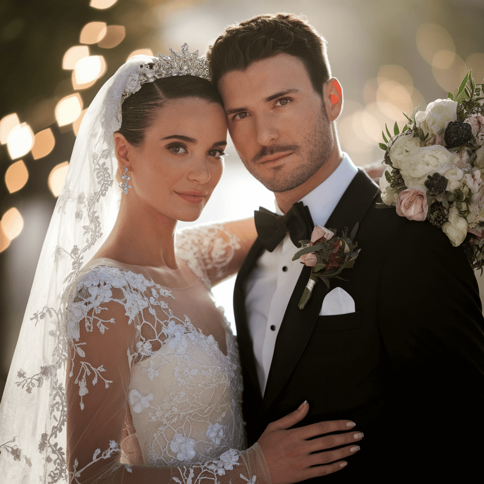 Couple in wedding attire posing with a bouquet in warm window light.