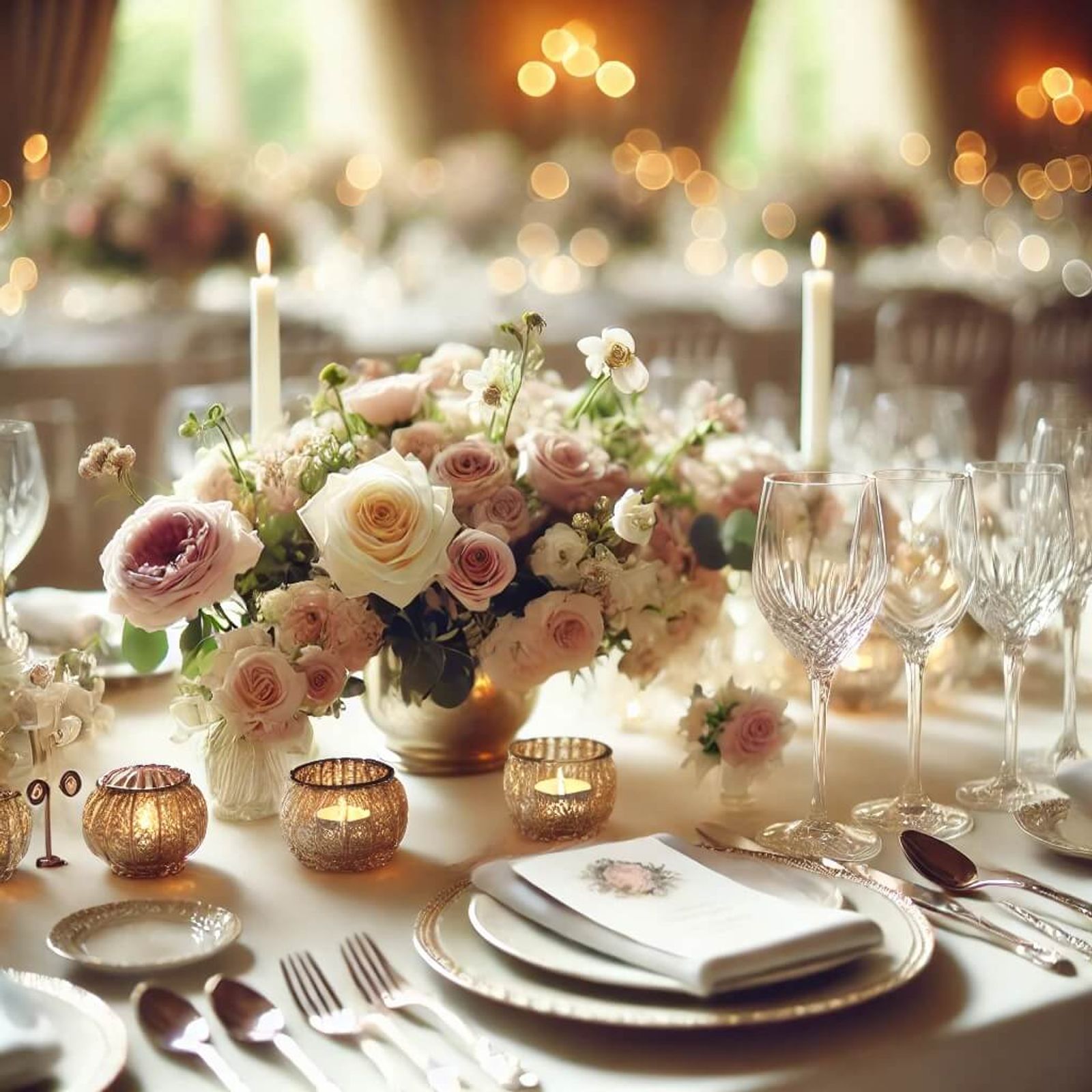Formal table setting with blush flowers, candles, glassware, and stacked white plates.