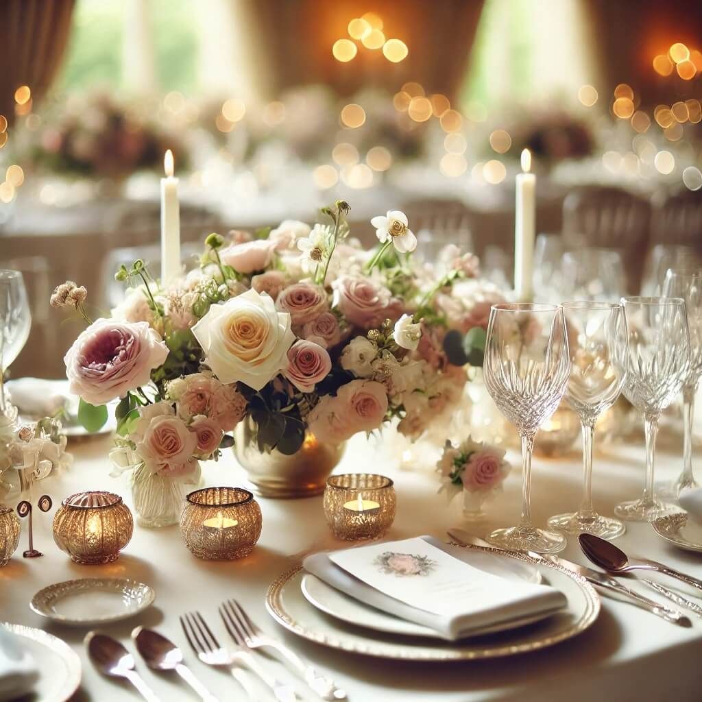 Blush Table Setting Formal table setting with blush flowers, candles, glassware, and stacked white plates.