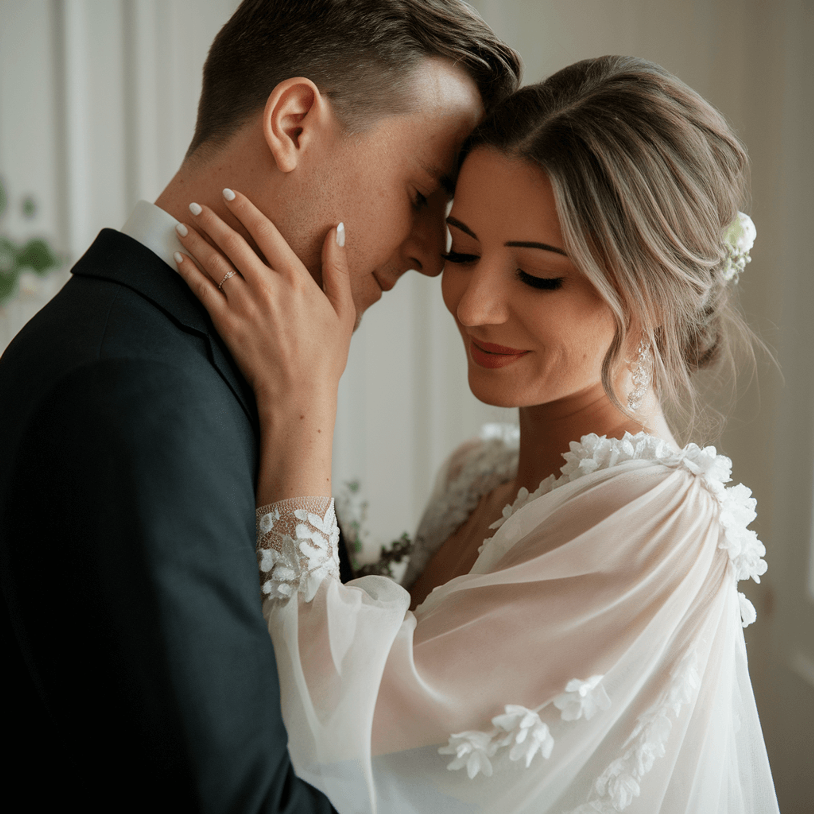A bride and groom share an intimate embrace indoors at their Park Point Beach House wedding. The bride wears a white dress with floral details and a flower in her hair; the groom, in a dark suit, touch foreheads, eyes closed and softly smiling.