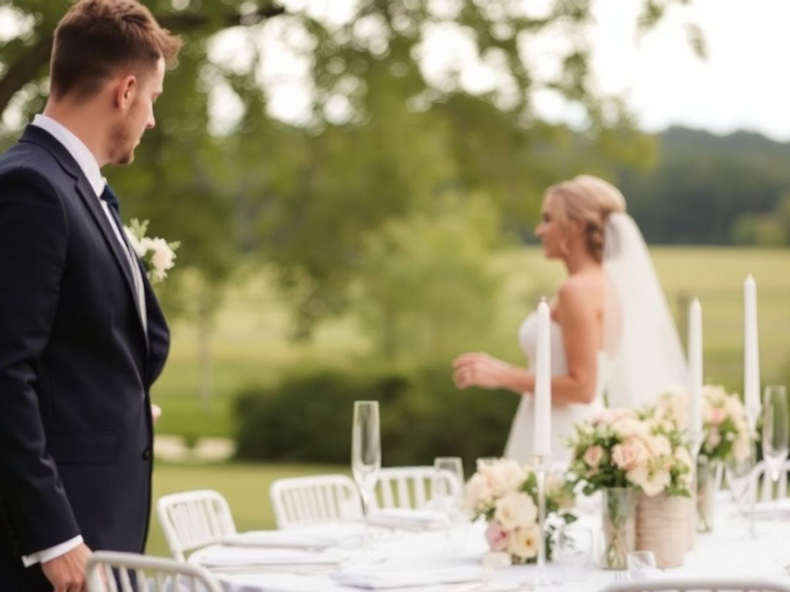 Person in a dark suit walking toward a person in a white wedding dress beside an outdoor flower-covered table.