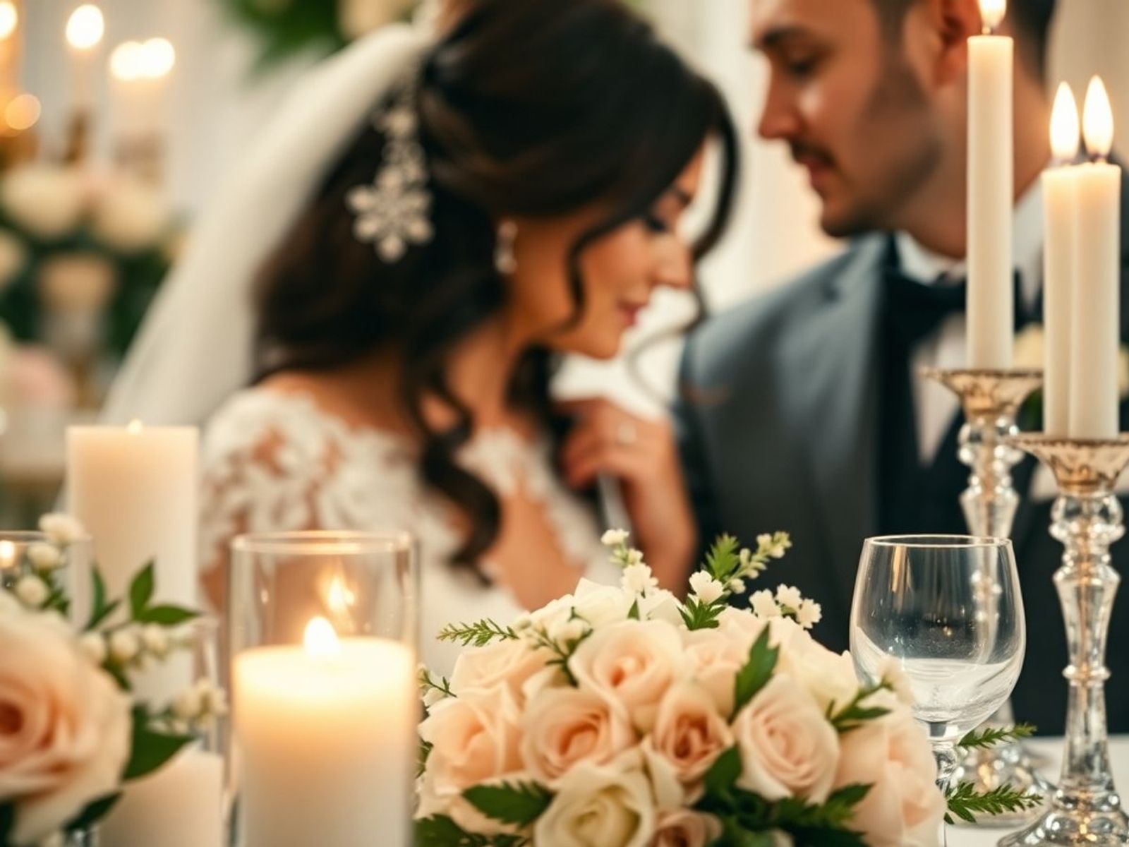 Couple in wedding attire behind a candlelit table with peach roses in the foreground.