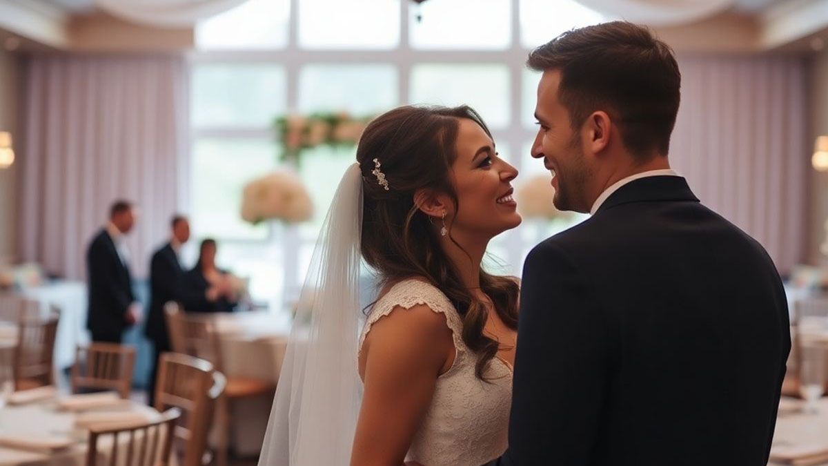 Reception Smile Couple in wedding attire smiling at each other inside a bright reception room.