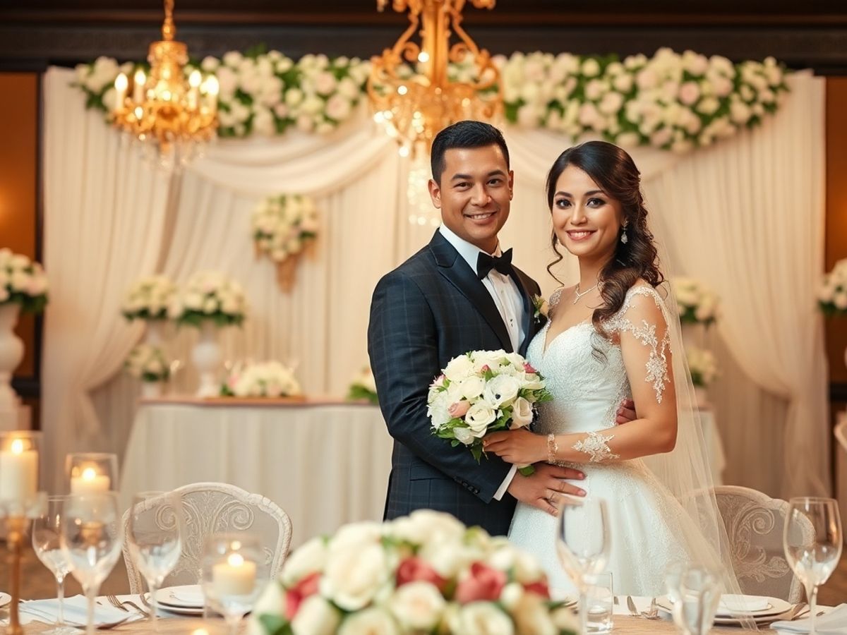 Banquet Portrait Couple in wedding attire posing behind a flower-covered banquet table.