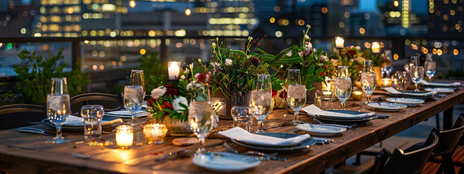 City Lights Dinner Long outdoor dinner table with flowers, candles, and city lights in the background.