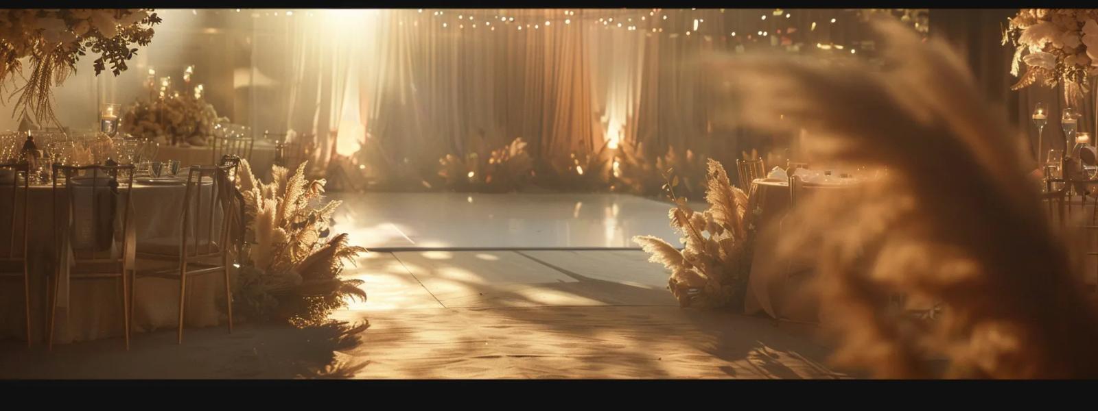 Sunbeams crossing an empty dance floor between reception tables and dried floral arrangements.