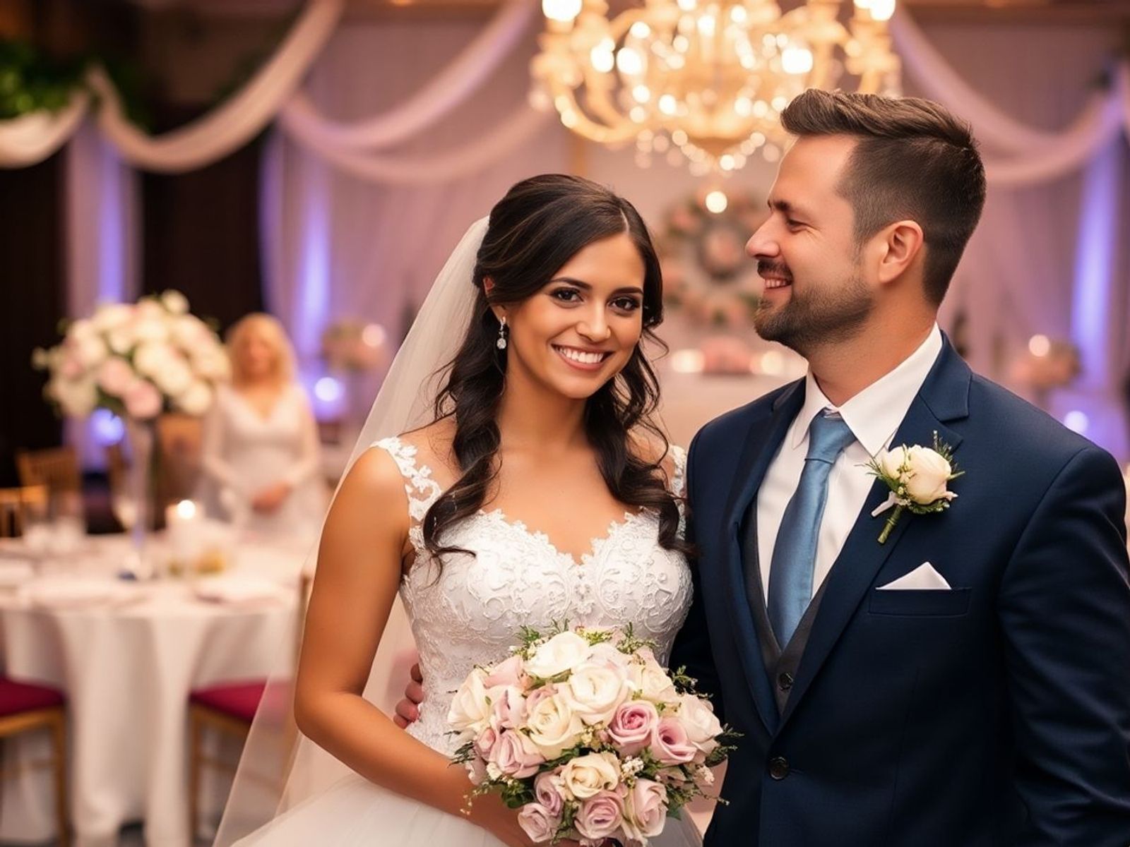 Couple in wedding attire posing together in a chandelier-lit reception room.