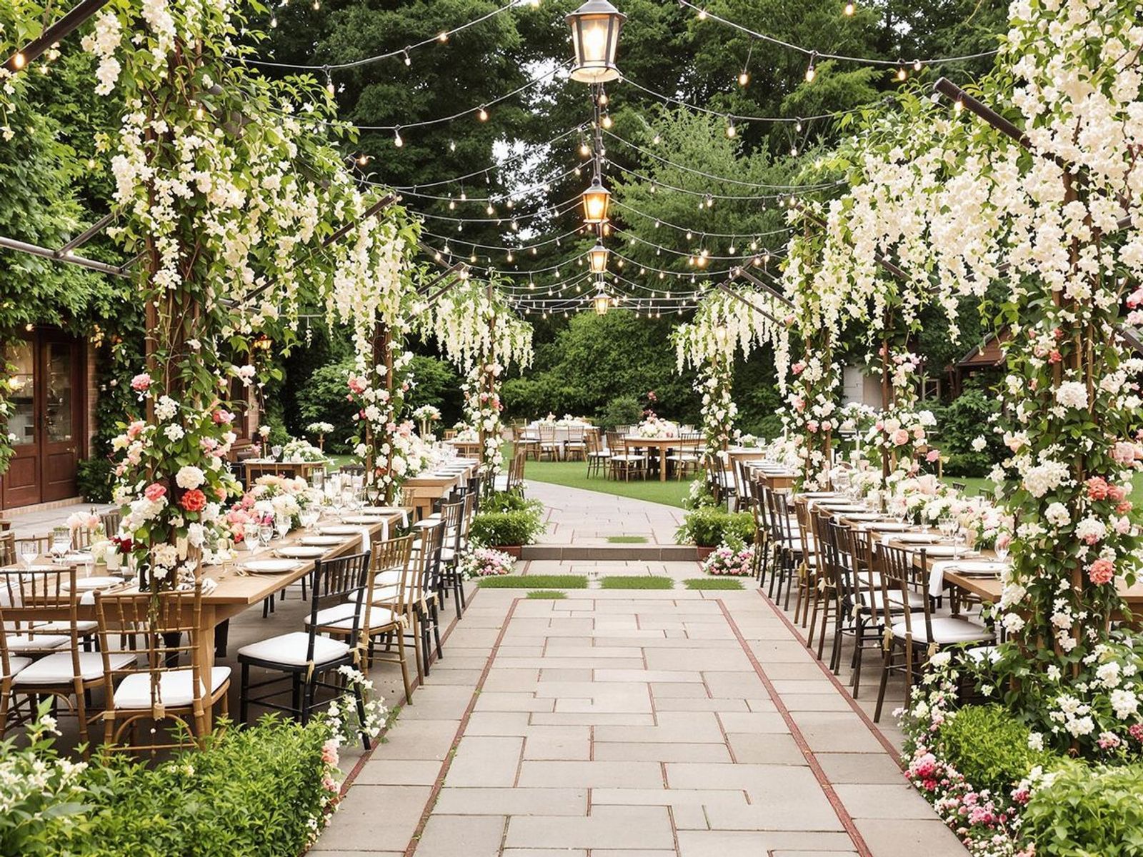 Charming vintage garden setup for a wedding reception.
