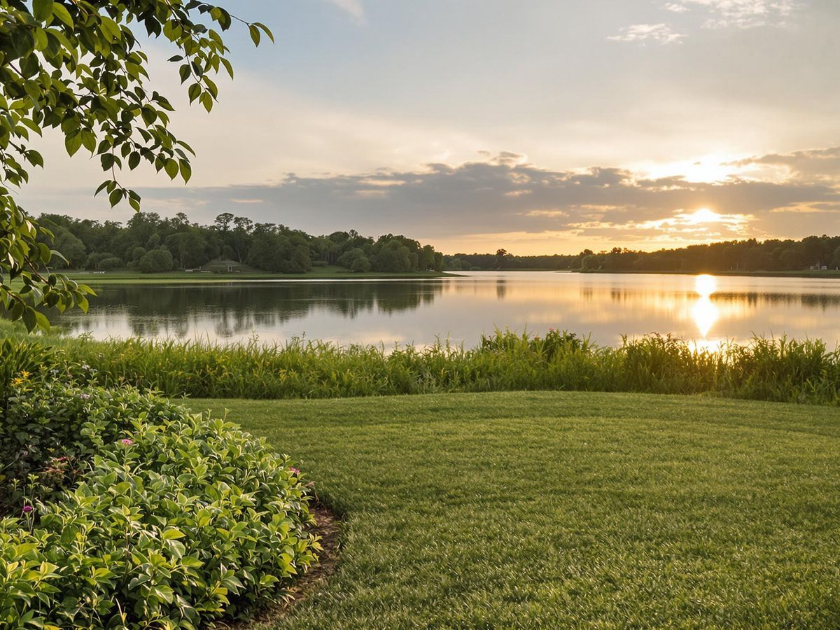 Lakeside Sunset Grassy lawn beside a calm lake at sunset.
