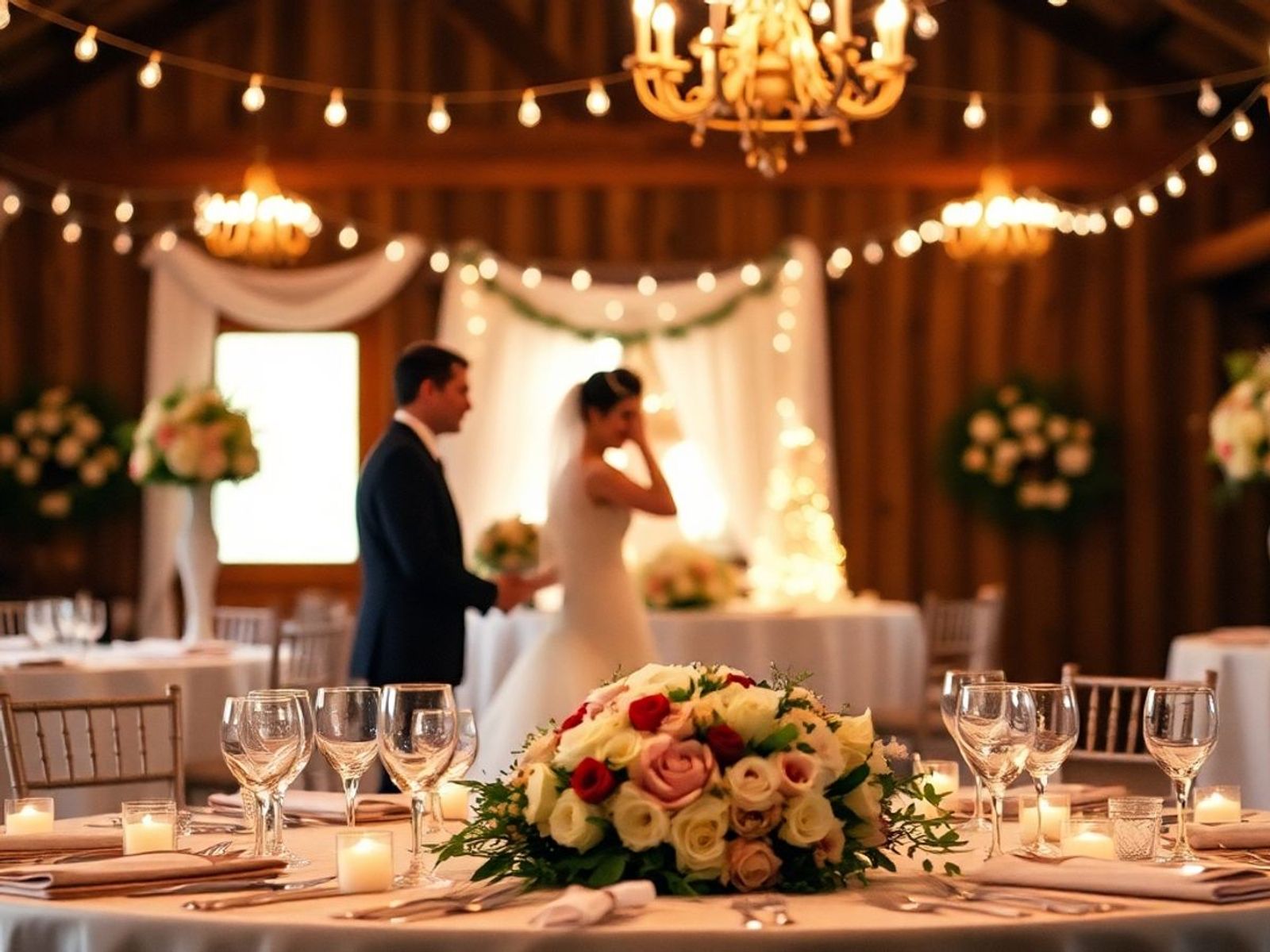 Couple in wedding attire standing behind a floral table in a warmly lit reception room.