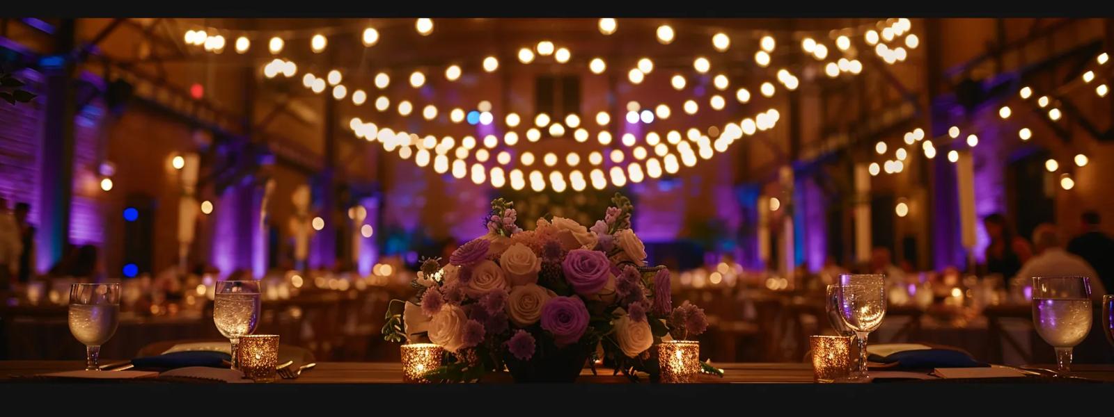 Candlelit reception room with chandeliers, string lights, and a floral centerpiece.