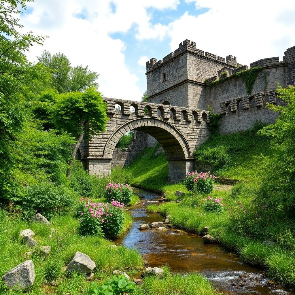 Castle and Bridge Stone bridge leading to a castle-like building above a landscaped stream.