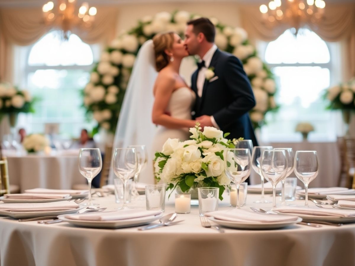 Tabletop Kiss Couple in wedding attire kissing behind a candlelit table with white flowers.
