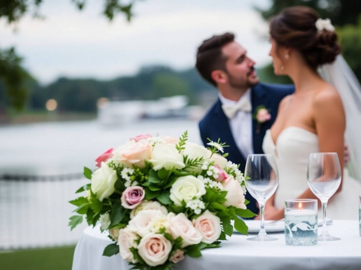 Lakeside Bouquet White and pink bouquet in focus with a couple in wedding attire beside a lake behind it.