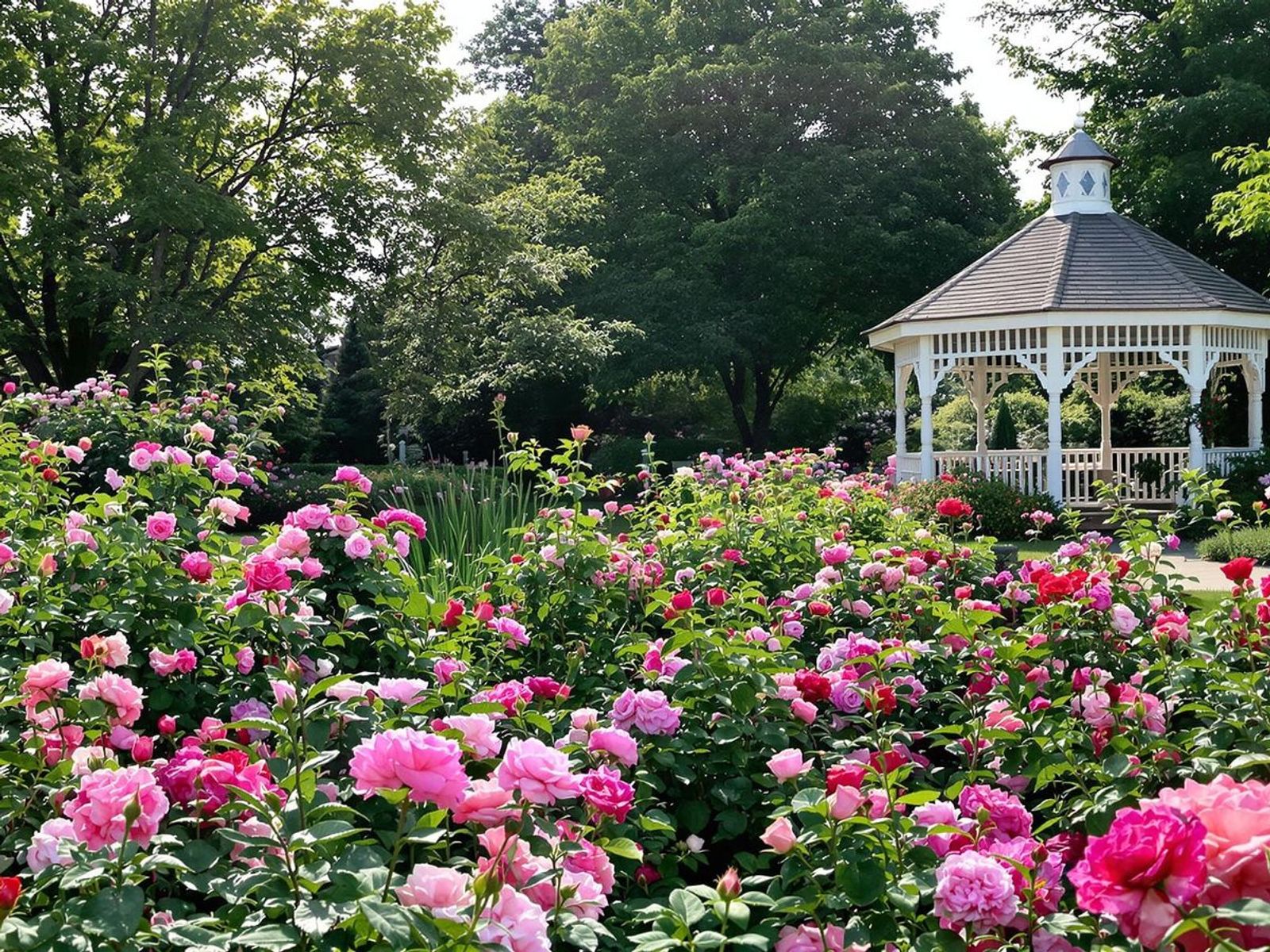 Flower garden with pink blooms and a white gazebo among green trees.