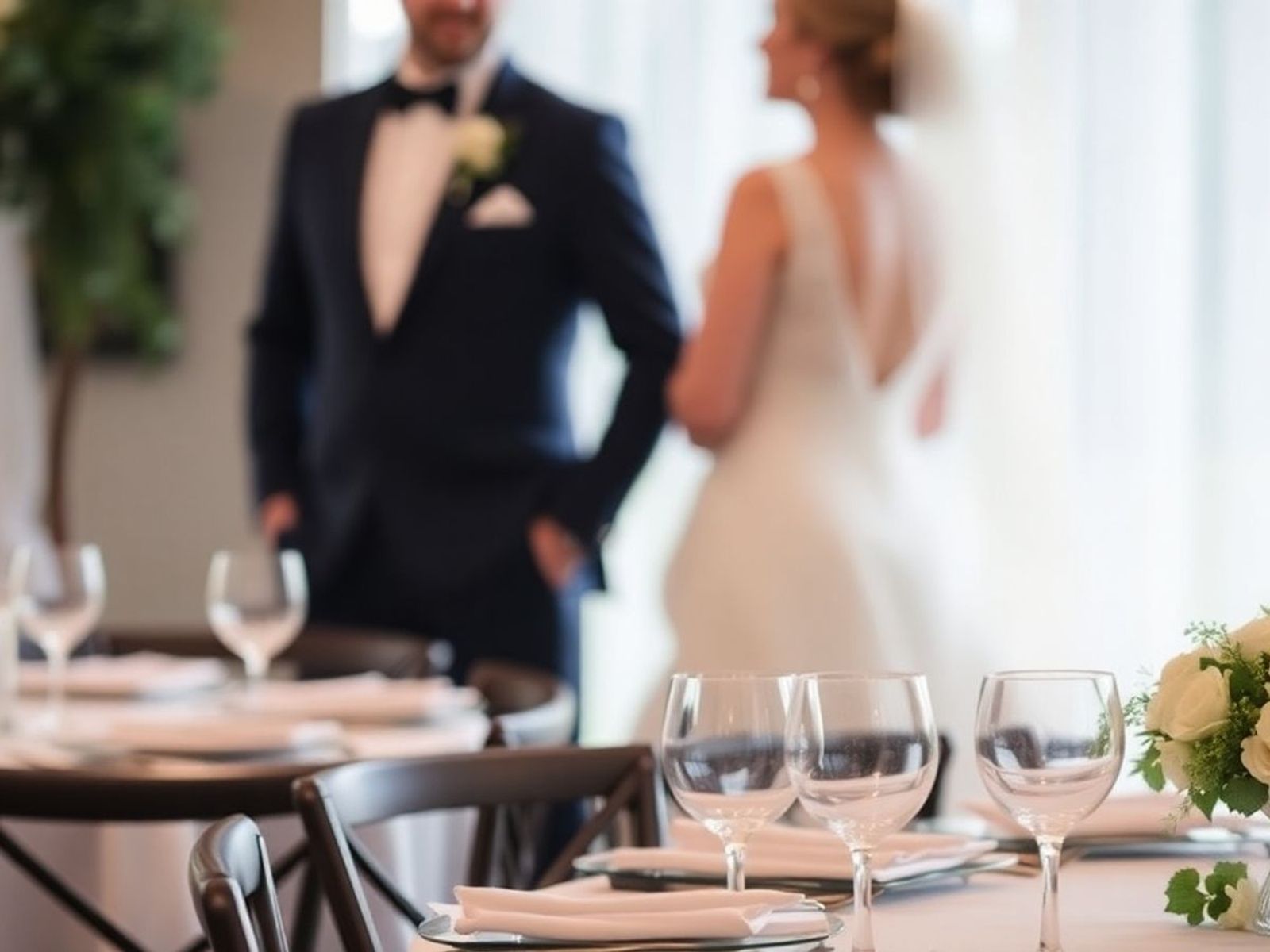 Reception table and glassware in focus with two people in wedding attire blurred behind.