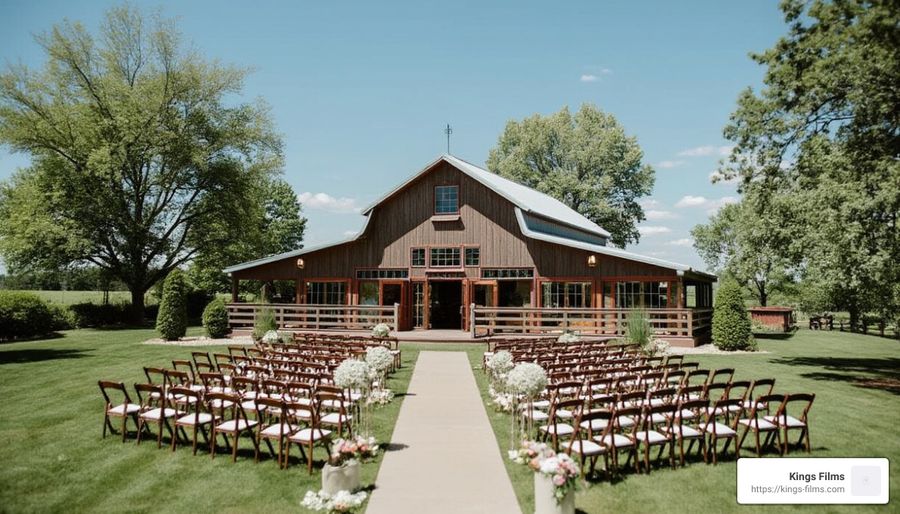 Barn Ceremony Outdoor ceremony chairs facing a wooden barn across a lawn.