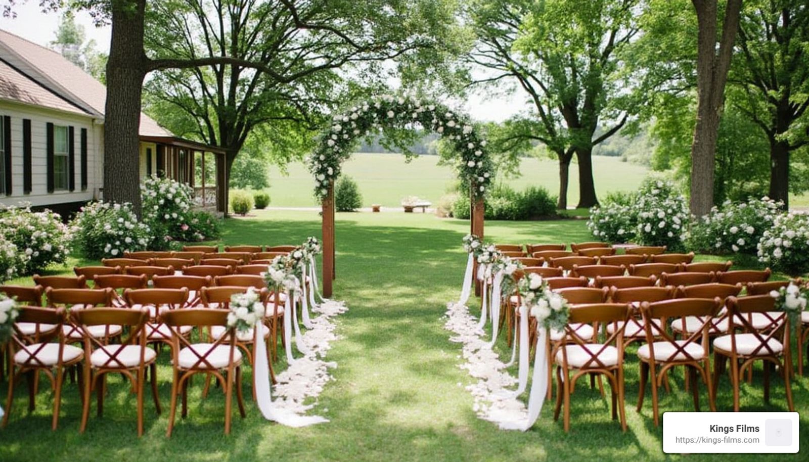 Wooden ceremony chairs lining a petal-covered aisle beneath large trees.