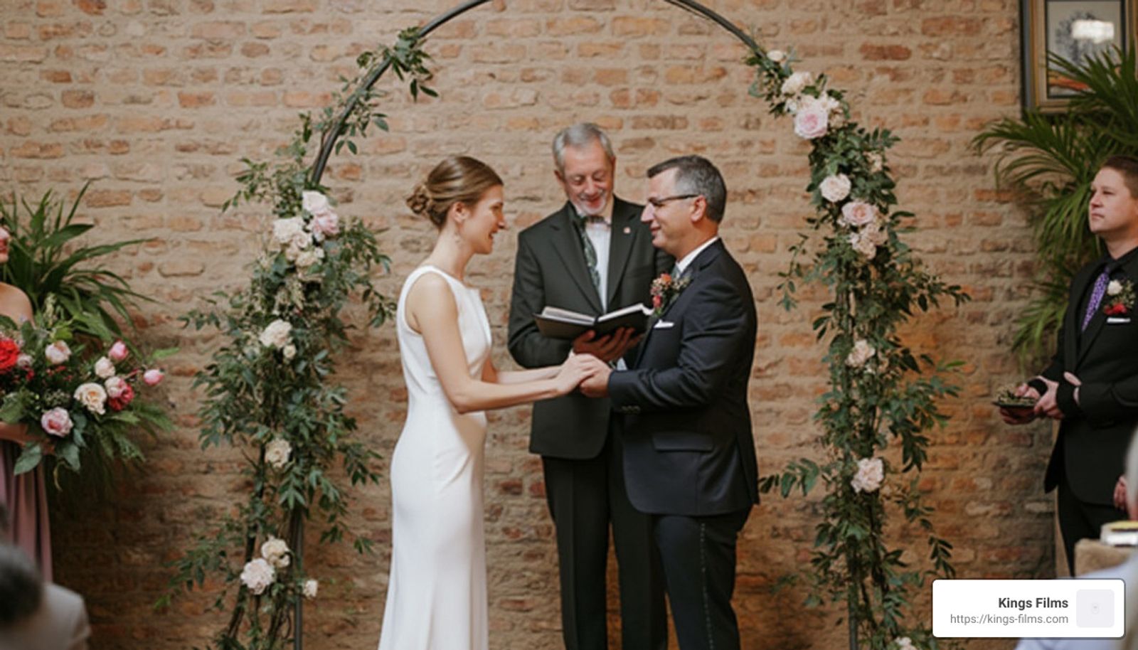 Outdoor ceremony beneath a floral arch against a brick wall.