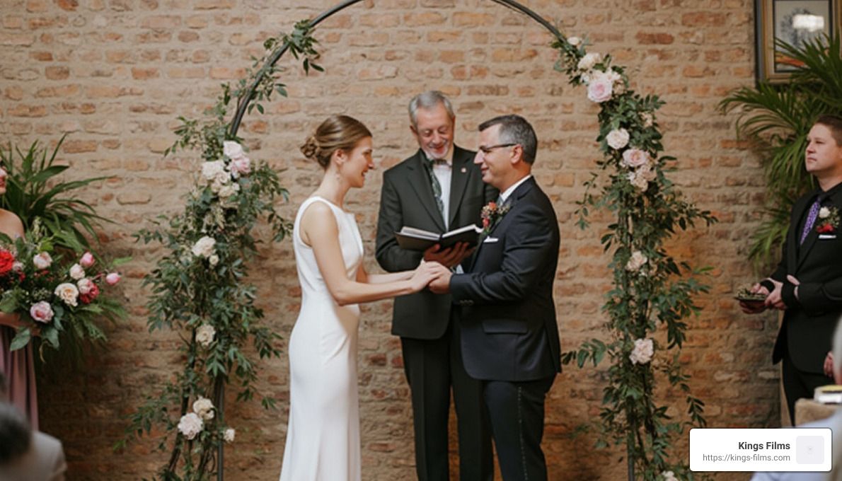Brick Wall Ceremony Outdoor ceremony beneath a floral arch against a brick wall.