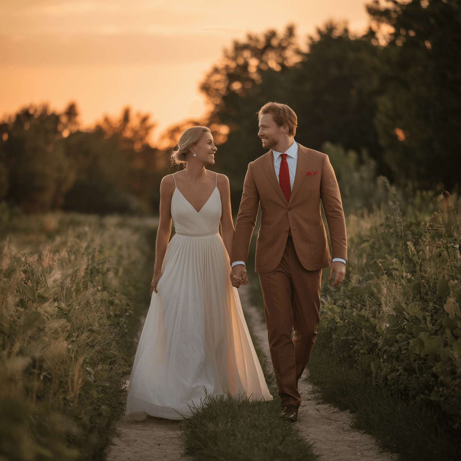 Couple in wedding attire walking hand in hand through a field at sunset.
