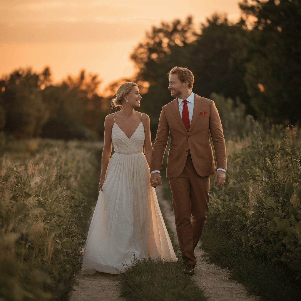 Sunset Walk Couple in wedding attire walking hand in hand through a field at sunset.
