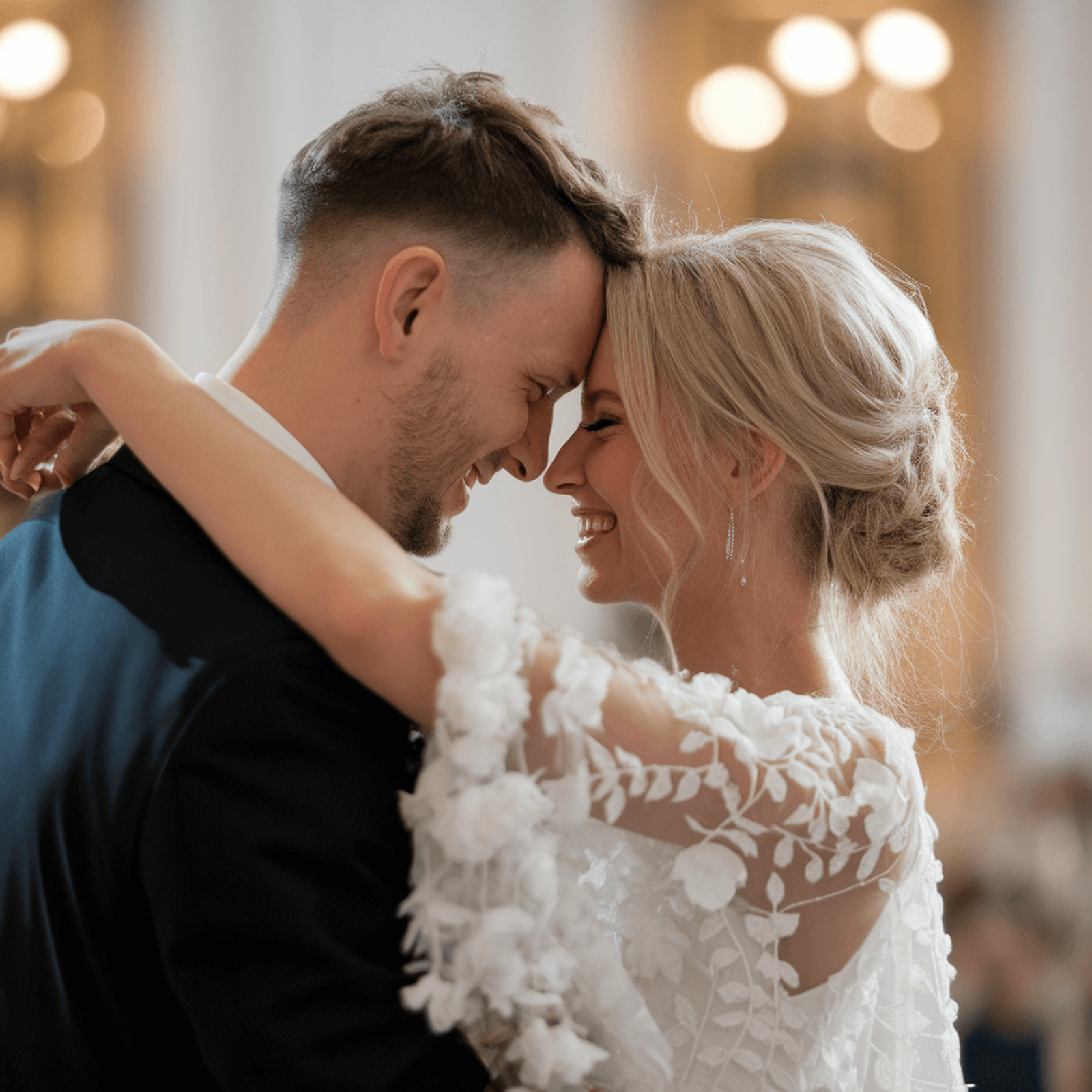 Close-up of a couple in wedding attire touching foreheads while dancing indoors.