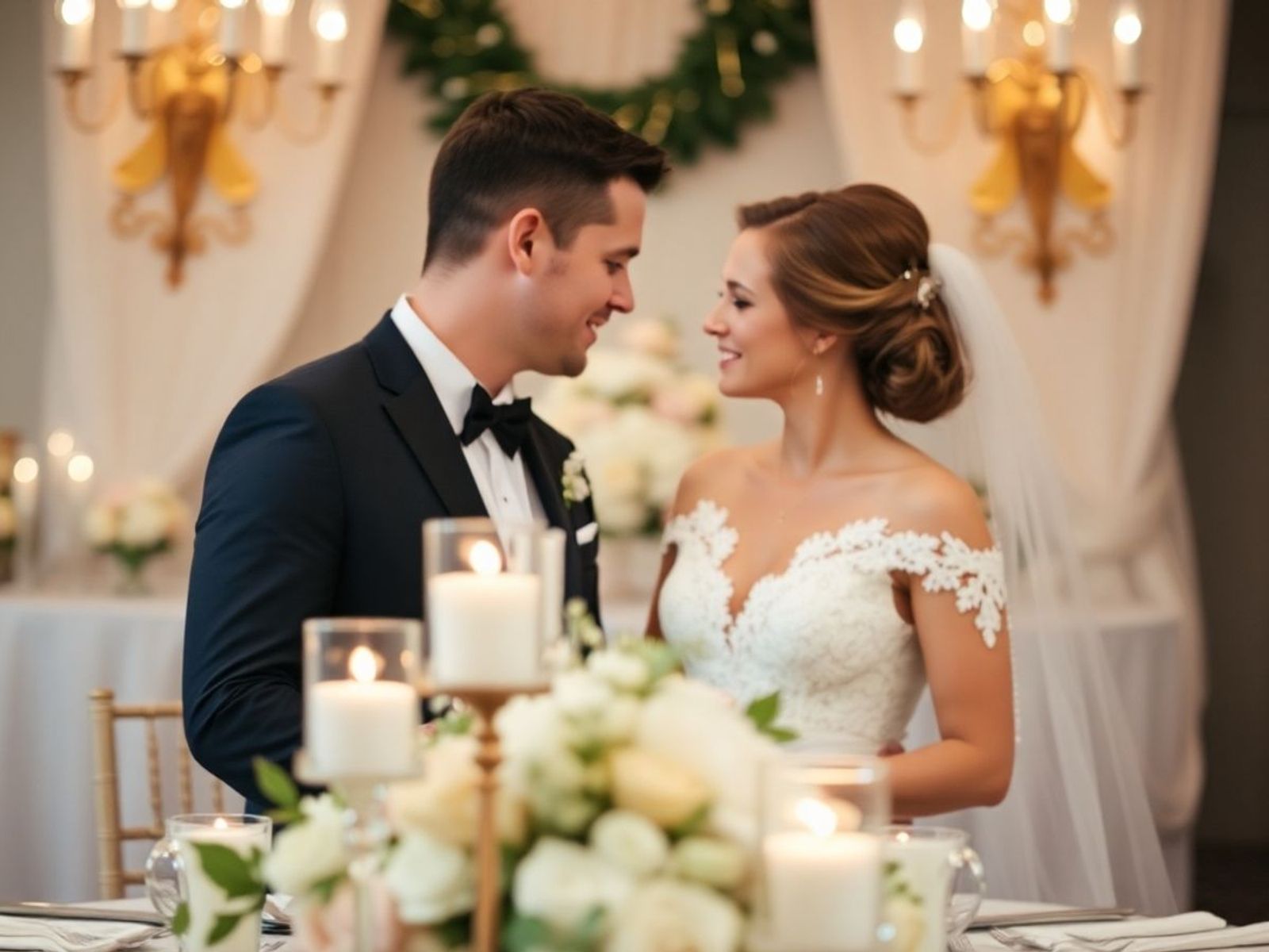 Couple in wedding attire looking at each other behind candles and white flowers.