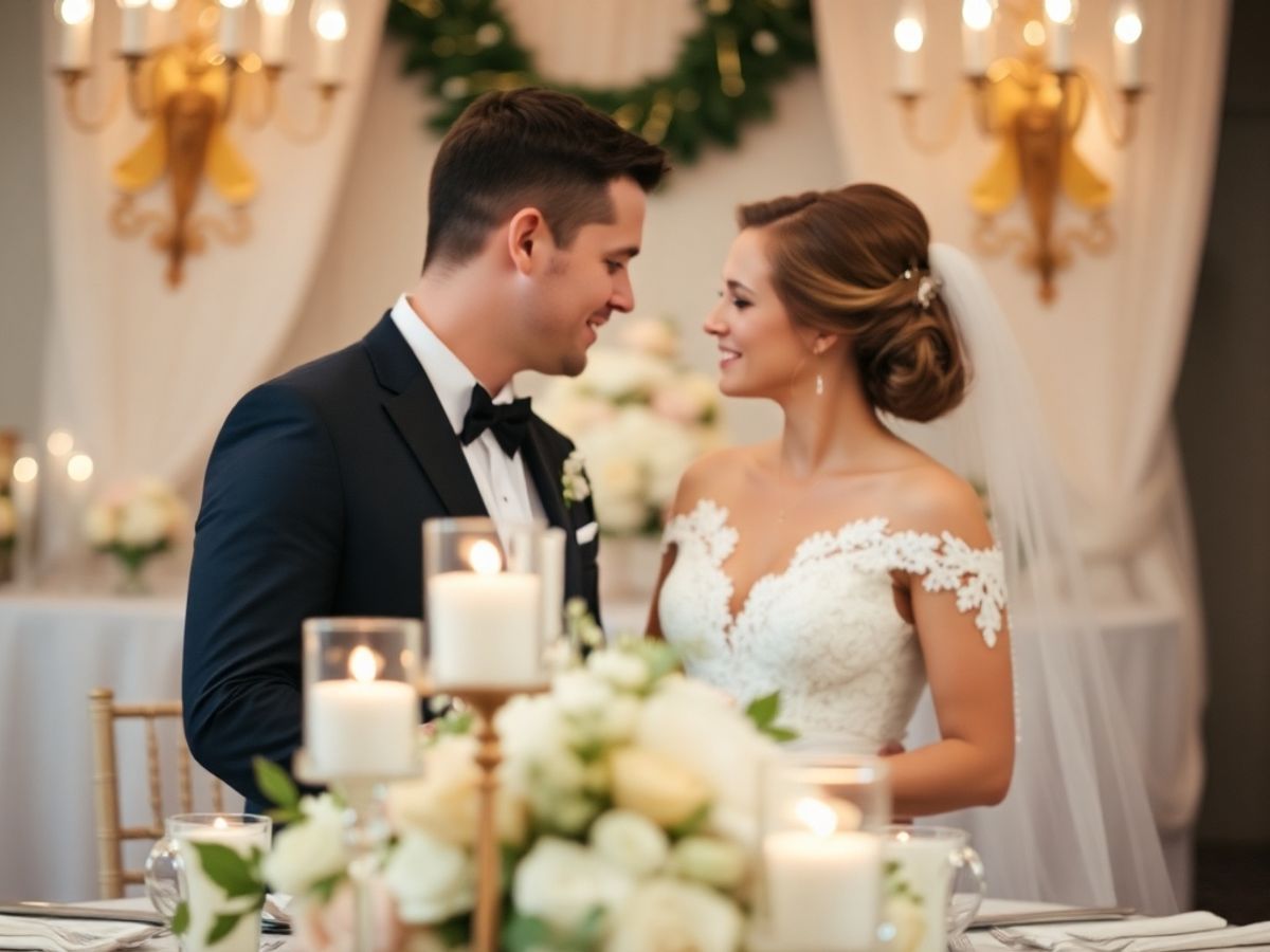 Candlelit Portrait Couple in wedding attire looking at each other behind candles and white flowers.
