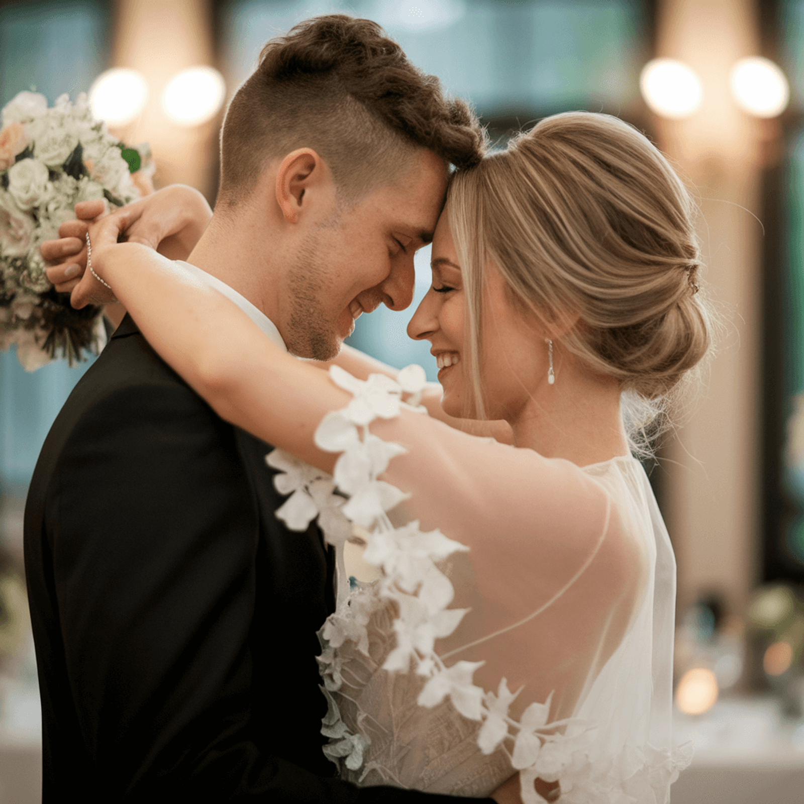 Close-up of a couple in wedding attire touching foreheads indoors.