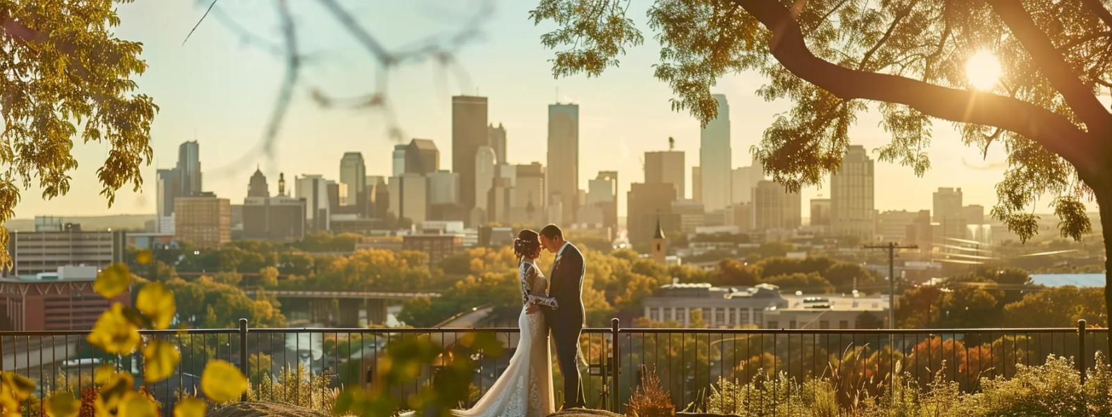 Distant couple standing in a park with a city skyline behind them at sunset.
