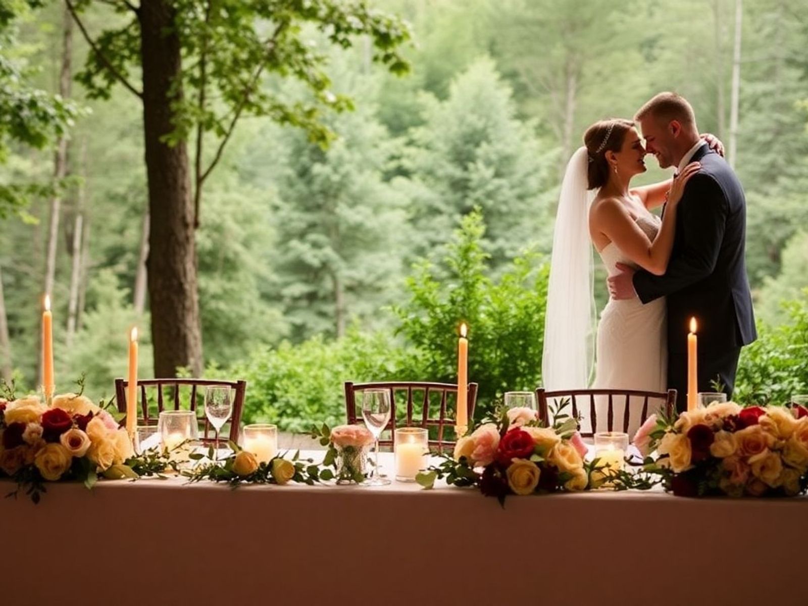 Couple in wedding attire kissing behind a candlelit banquet table.