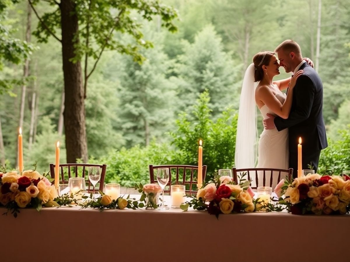 Banquet Table Kiss Couple in wedding attire kissing behind a candlelit banquet table.