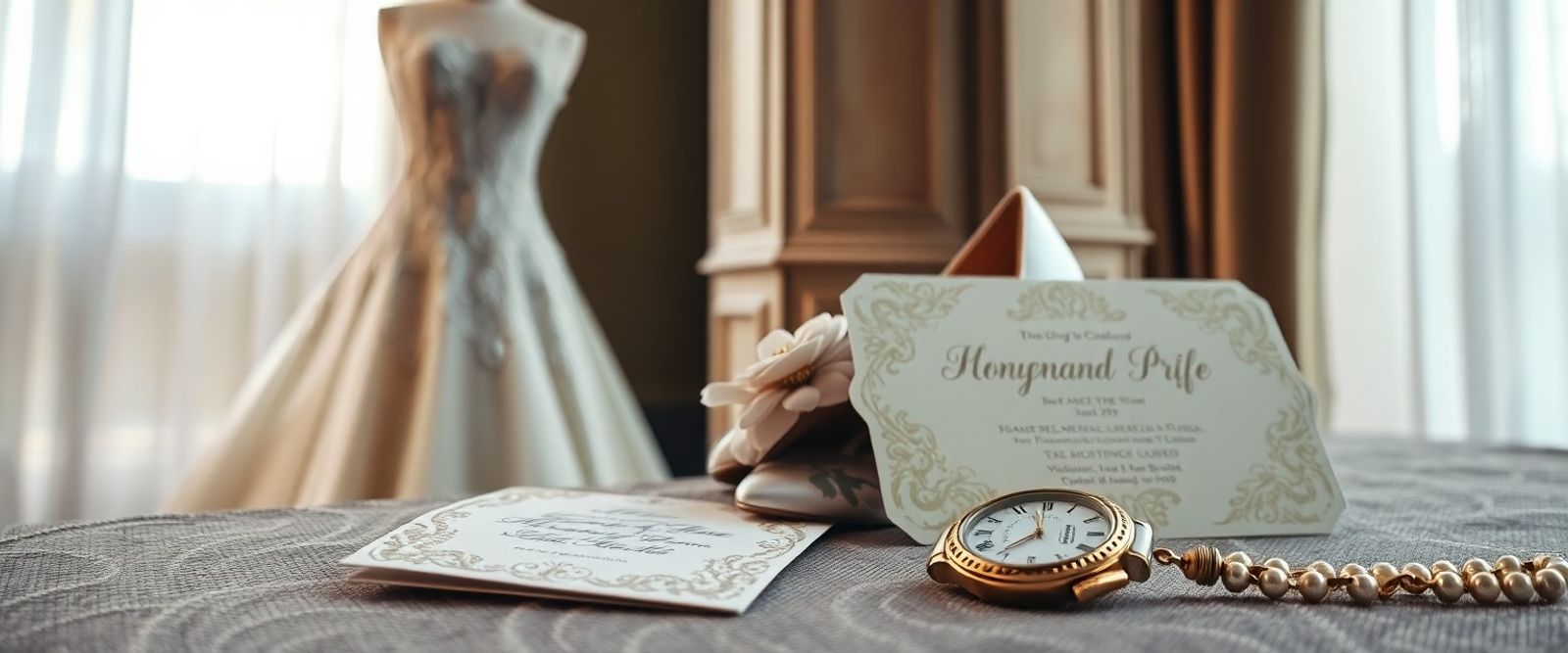 White lace dress, invitation, watch, jewelry, and stationery arranged on a table.
