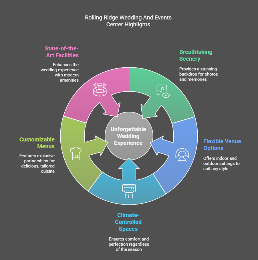 Event Center Highlights Infographic listing five highlights of Rolling Ridge Wedding and Events Center.
