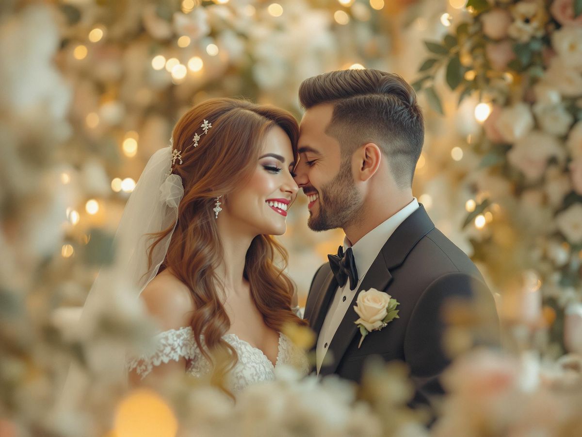 Warm Light Portrait Couple in wedding attire touching foreheads in warm decorative lights.