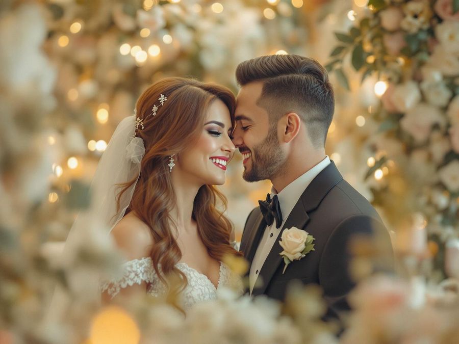 Warm Light Portrait Couple in wedding attire touching foreheads in warm decorative lights.