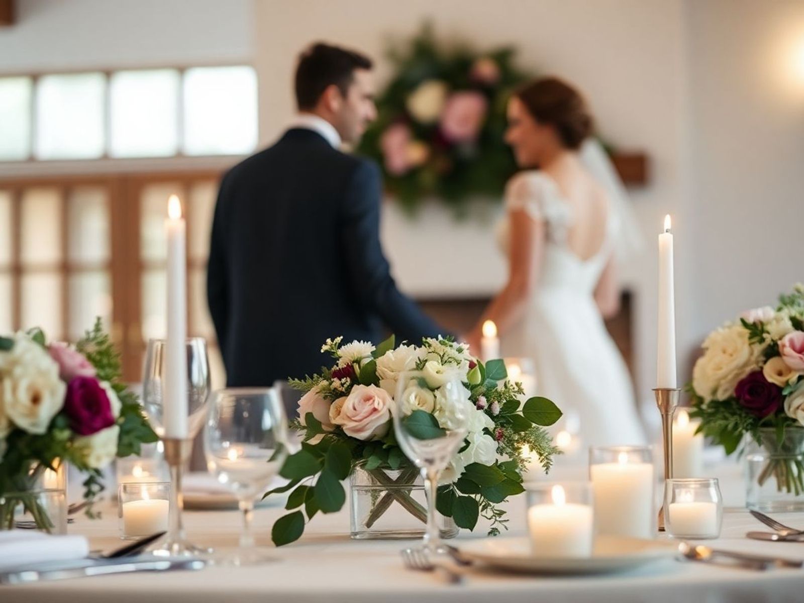 Flower-covered table in focus with a couple in wedding attire blurred behind.
