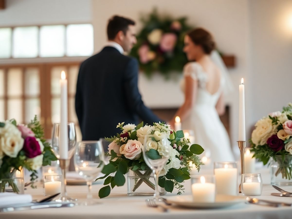 Floral Table Portrait Flower-covered table in focus with a couple in wedding attire blurred behind.