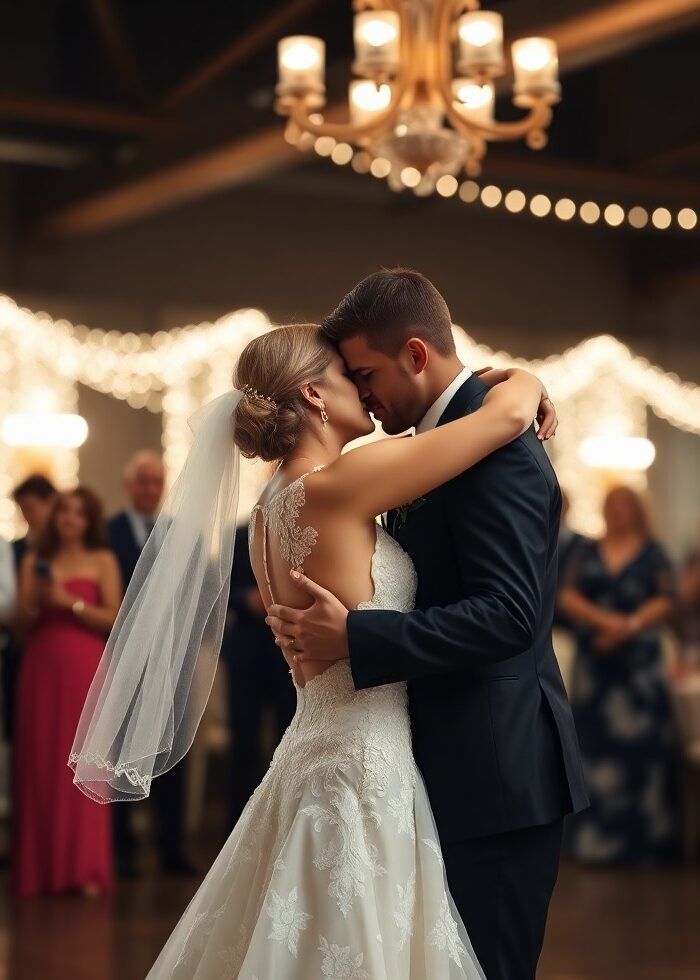 Dance Floor Kiss Couple in wedding attire kissing on a softly lit dance floor.