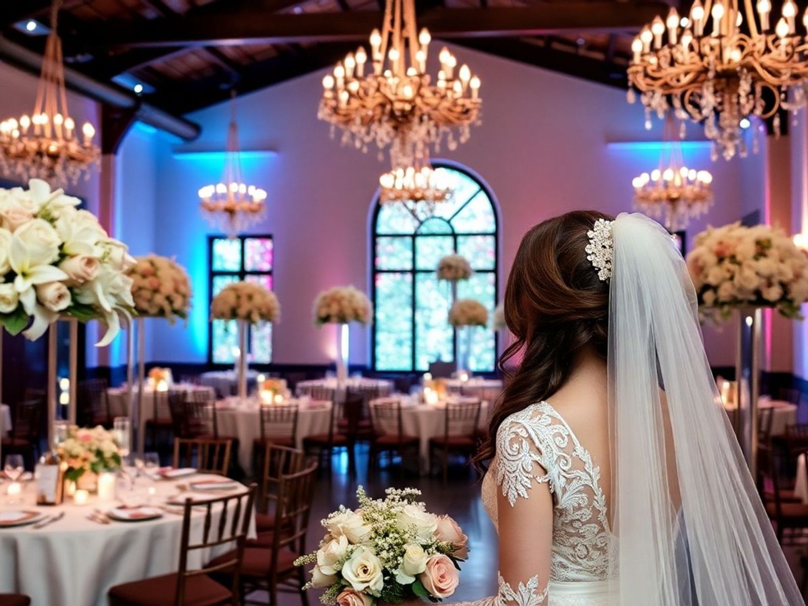 Person in a white wedding dress looking across a chandelier-lit reception room.
