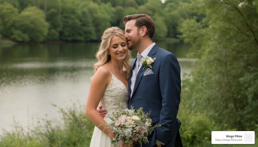 Lakeside Couple Couple in formal attire standing beside a lake while one holds a bouquet.