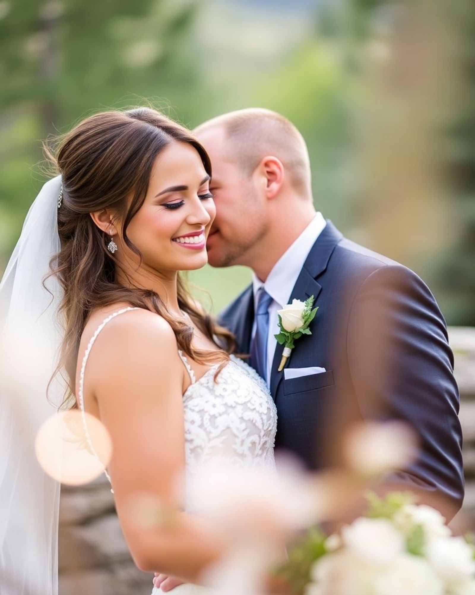 Close-up of a couple in wedding attire with one leaning toward the other's cheek.